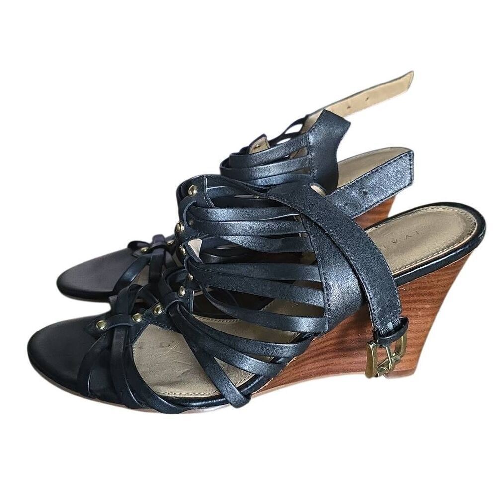 Ivanka Trump Women's Size 6.5 Strappy Black Gold Studded Wooden Wedges